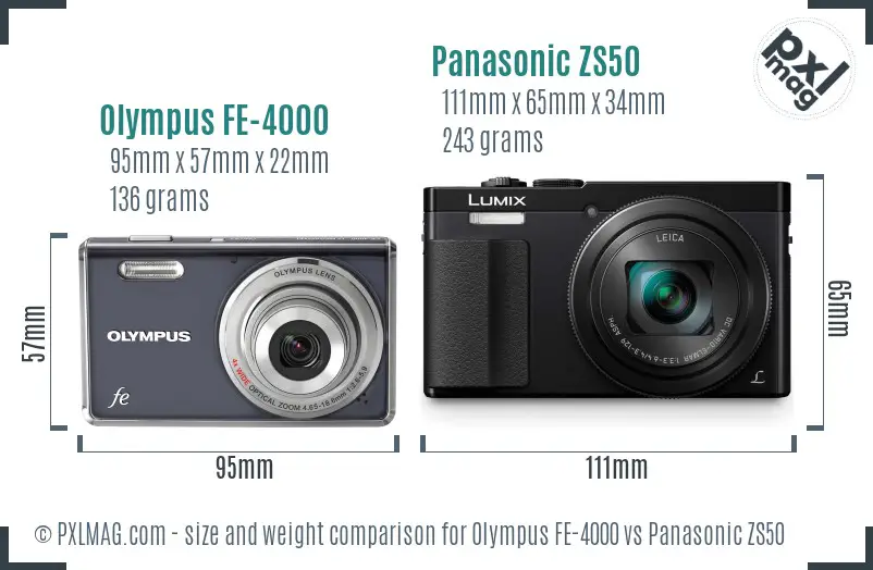 Olympus FE-4000 vs Panasonic ZS50 size comparison