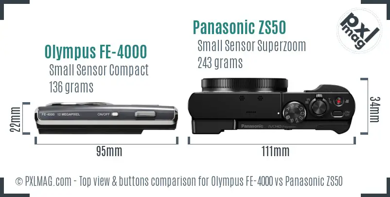 Olympus FE-4000 vs Panasonic ZS50 top view buttons comparison
