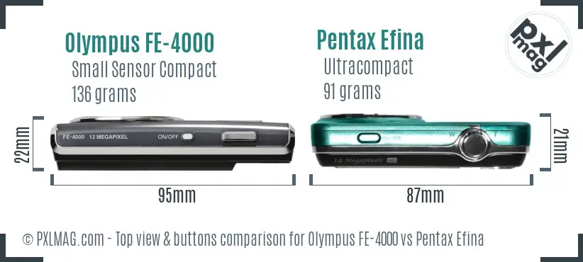 Olympus FE-4000 vs Pentax Efina top view buttons comparison
