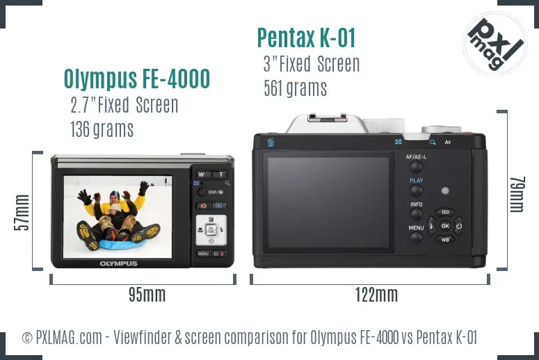 Olympus FE-4000 vs Pentax K-01 Screen and Viewfinder comparison