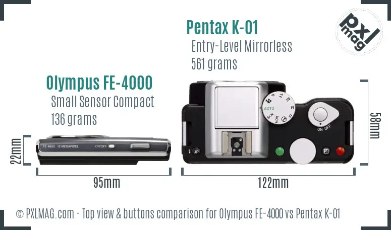 Olympus FE-4000 vs Pentax K-01 top view buttons comparison
