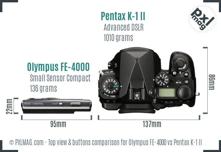 Olympus FE-4000 vs Pentax K-1 II top view buttons comparison