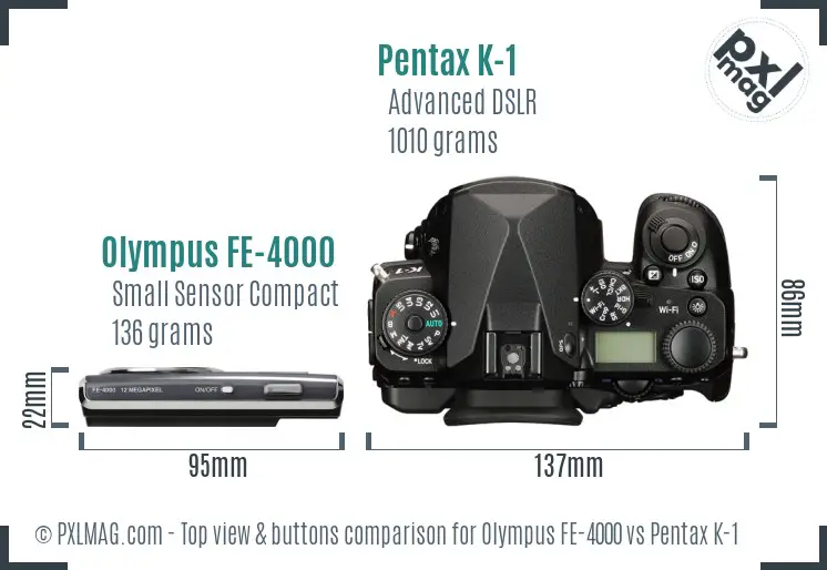 Olympus FE-4000 vs Pentax K-1 top view buttons comparison