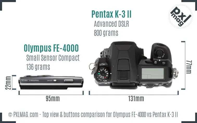 Olympus FE-4000 vs Pentax K-3 II top view buttons comparison