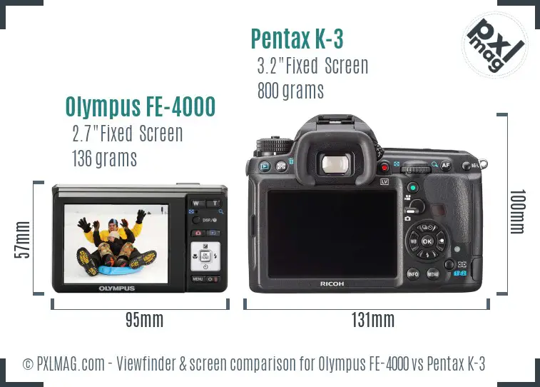 Olympus FE-4000 vs Pentax K-3 Screen and Viewfinder comparison