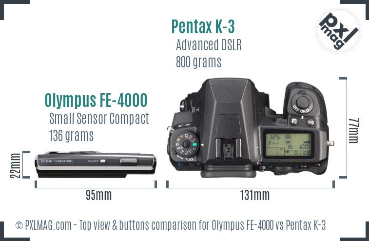 Olympus FE-4000 vs Pentax K-3 top view buttons comparison