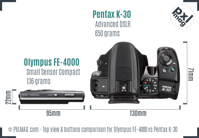 Olympus FE-4000 vs Pentax K-30 top view buttons comparison