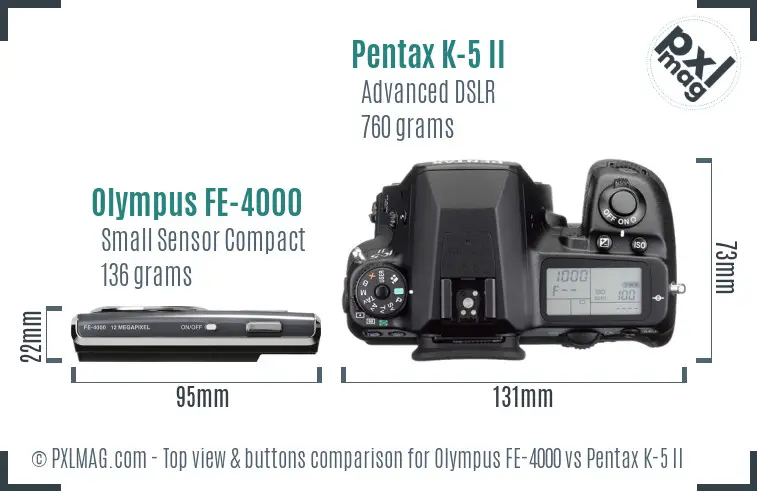 Olympus FE-4000 vs Pentax K-5 II top view buttons comparison