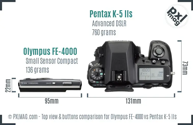 Olympus FE-4000 vs Pentax K-5 IIs top view buttons comparison