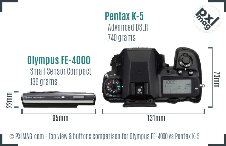Olympus FE-4000 vs Pentax K-5 top view buttons comparison