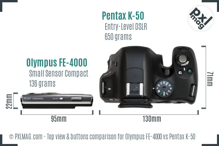 Olympus FE-4000 vs Pentax K-50 top view buttons comparison