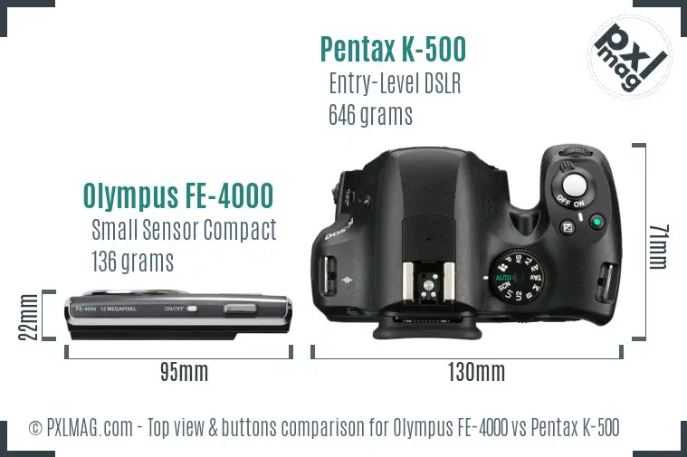 Olympus FE-4000 vs Pentax K-500 top view buttons comparison