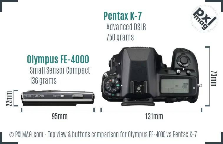 Olympus FE-4000 vs Pentax K-7 top view buttons comparison