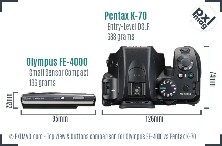 Olympus FE-4000 vs Pentax K-70 top view buttons comparison