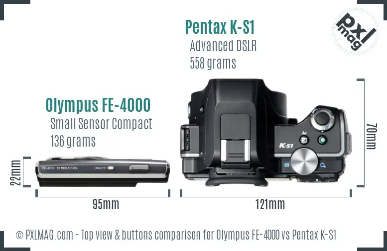 Olympus FE-4000 vs Pentax K-S1 top view buttons comparison