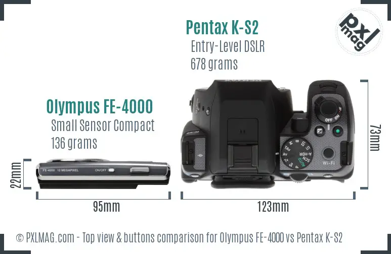 Olympus FE-4000 vs Pentax K-S2 top view buttons comparison