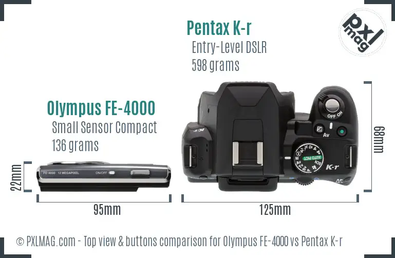 Olympus FE-4000 vs Pentax K-r top view buttons comparison