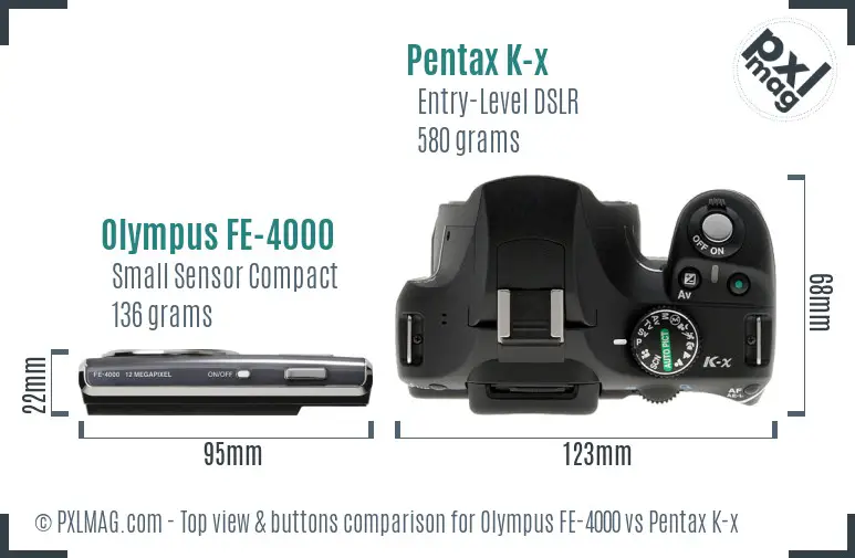 Olympus FE-4000 vs Pentax K-x top view buttons comparison