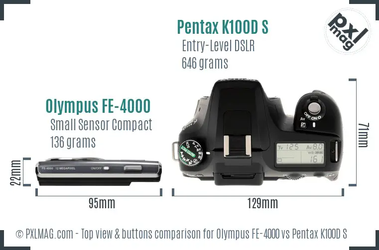 Olympus FE-4000 vs Pentax K100D S top view buttons comparison