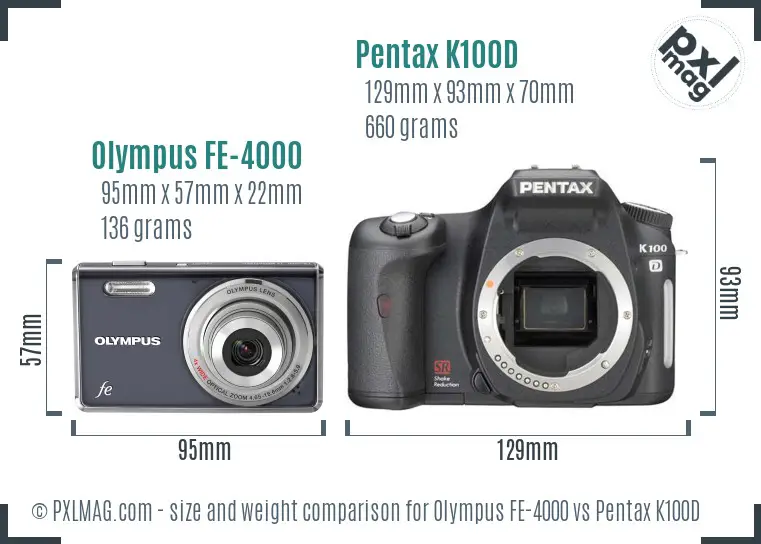 Olympus FE-4000 vs Pentax K100D size comparison