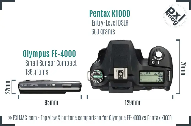Olympus FE-4000 vs Pentax K100D top view buttons comparison