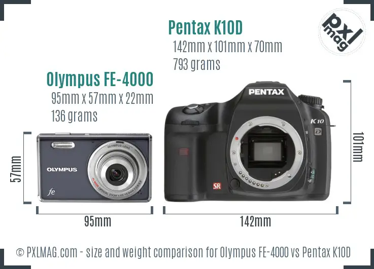 Olympus FE-4000 vs Pentax K10D size comparison