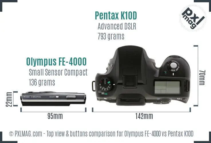 Olympus FE-4000 vs Pentax K10D top view buttons comparison