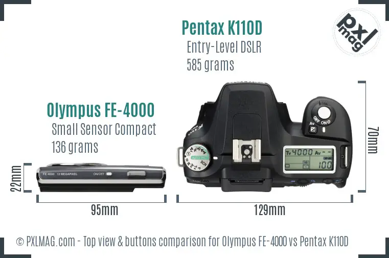 Olympus FE-4000 vs Pentax K110D top view buttons comparison