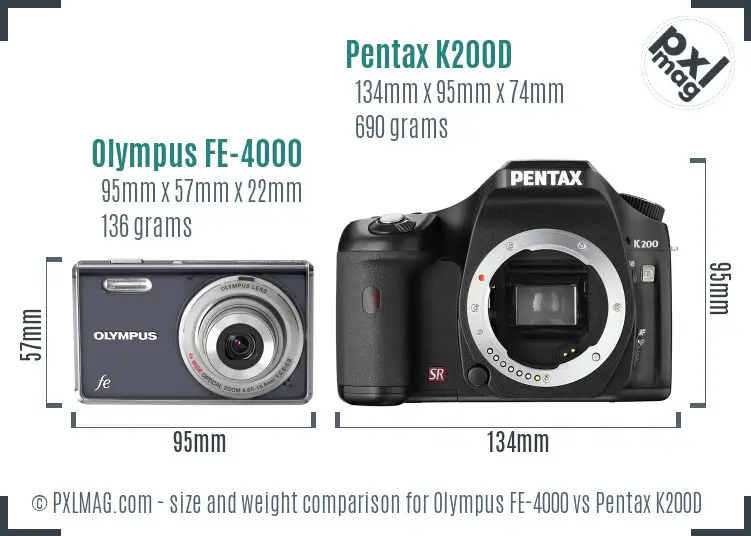 Olympus FE-4000 vs Pentax K200D size comparison