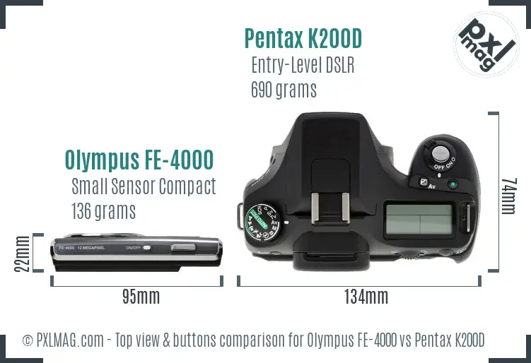 Olympus FE-4000 vs Pentax K200D top view buttons comparison