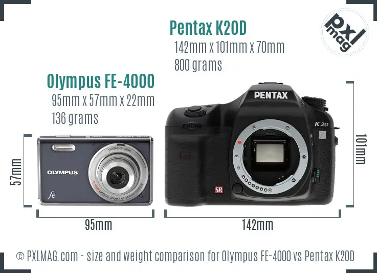 Olympus FE-4000 vs Pentax K20D size comparison