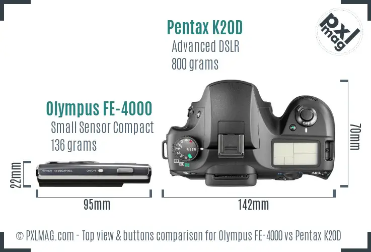 Olympus FE-4000 vs Pentax K20D top view buttons comparison