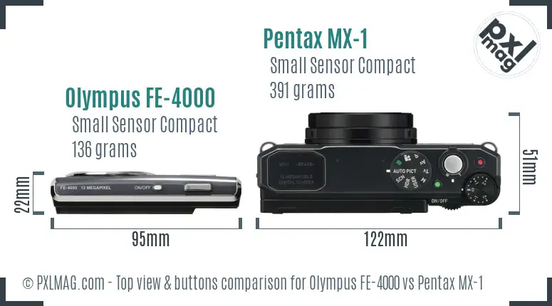 Olympus FE-4000 vs Pentax MX-1 top view buttons comparison