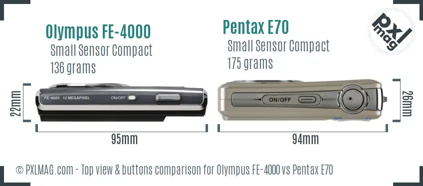 Olympus FE-4000 vs Pentax E70 top view buttons comparison