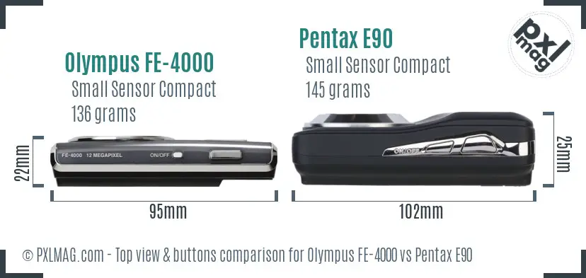 Olympus FE-4000 vs Pentax E90 top view buttons comparison