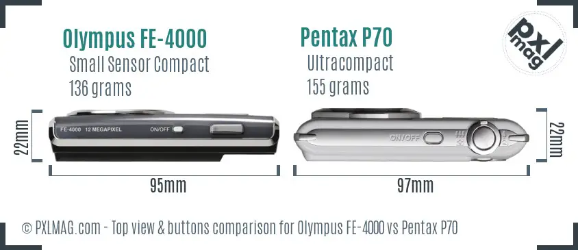Olympus FE-4000 vs Pentax P70 top view buttons comparison