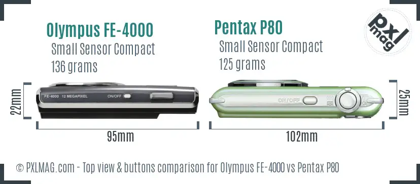 Olympus FE-4000 vs Pentax P80 top view buttons comparison