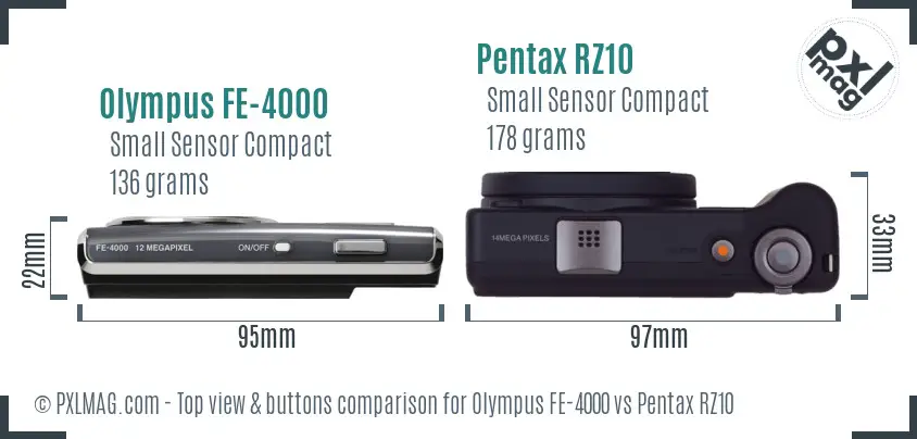 Olympus FE-4000 vs Pentax RZ10 top view buttons comparison