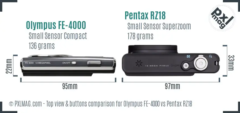 Olympus FE-4000 vs Pentax RZ18 top view buttons comparison