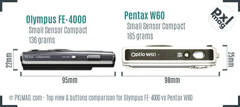Olympus FE-4000 vs Pentax W60 top view buttons comparison