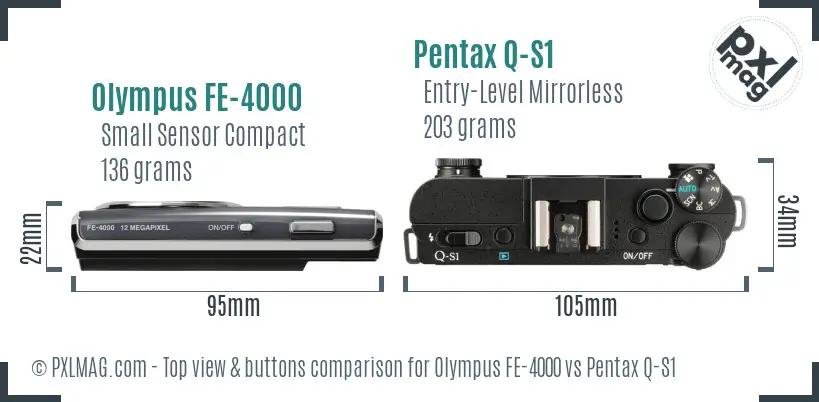 Olympus FE-4000 vs Pentax Q-S1 top view buttons comparison