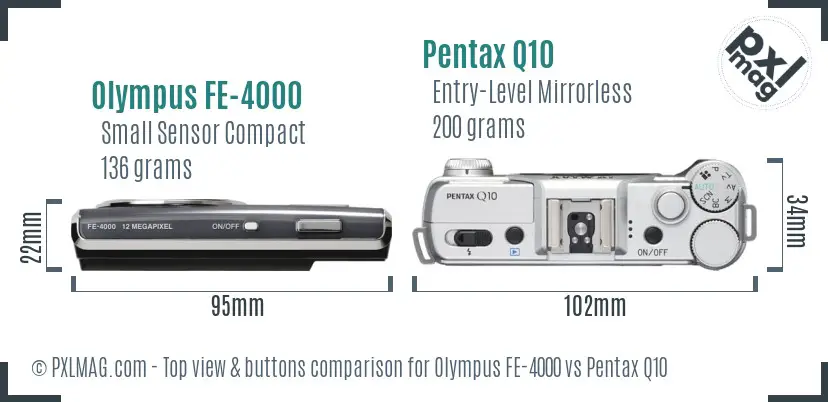 Olympus FE-4000 vs Pentax Q10 top view buttons comparison