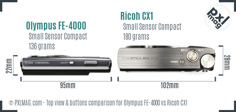 Olympus FE-4000 vs Ricoh CX1 top view buttons comparison