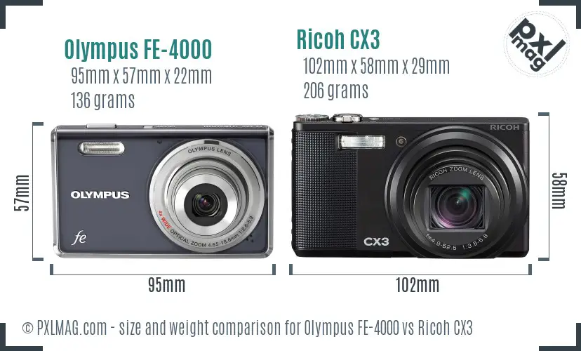Olympus FE-4000 vs Ricoh CX3 size comparison