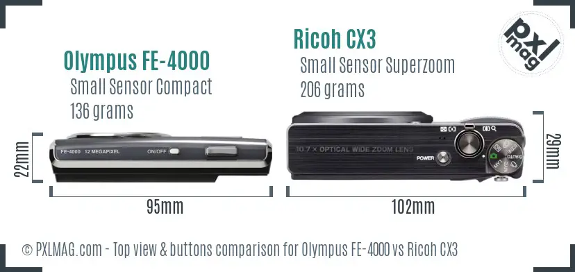 Olympus FE-4000 vs Ricoh CX3 top view buttons comparison