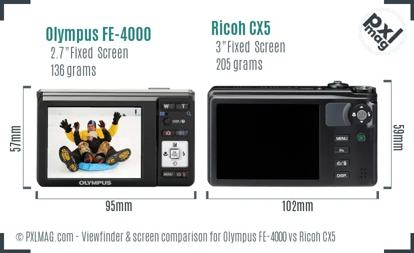 Olympus FE-4000 vs Ricoh CX5 Screen and Viewfinder comparison
