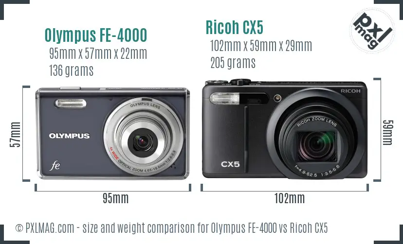 Olympus FE-4000 vs Ricoh CX5 size comparison