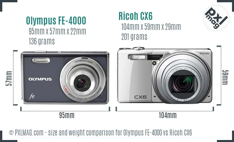 Olympus FE-4000 vs Ricoh CX6 size comparison