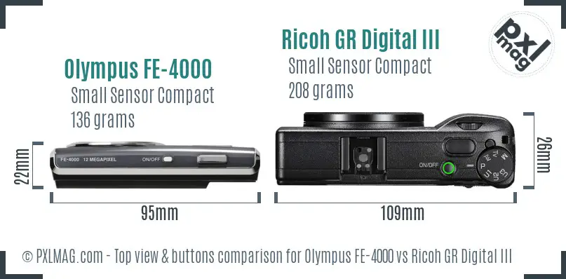 Olympus FE-4000 vs Ricoh GR Digital III top view buttons comparison Olympus FE-4000 vs Ricoh GR Digital III top view buttons comparison