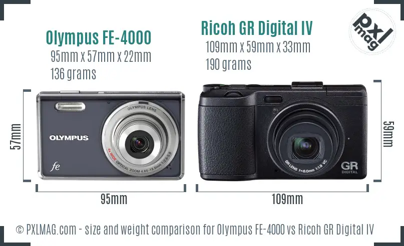 Olympus FE-4000 vs Ricoh GR Digital IV size comparison